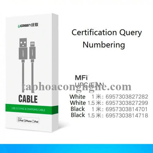 Ugreen 10469 0.5M màu Đen ABS Cáp Lightning sạc + truyền dữ liệu cho iPhone US155 30010469